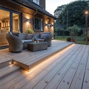 Modern wooden terrace with garden furniture illuminated at night in a lush garden